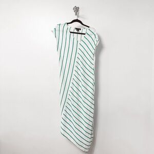 Tahari Linen‎ Blend Striped Asymmetrical Beachy Lagenlook Green and White Dress